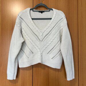 White Cable Knit V Neck Sweater